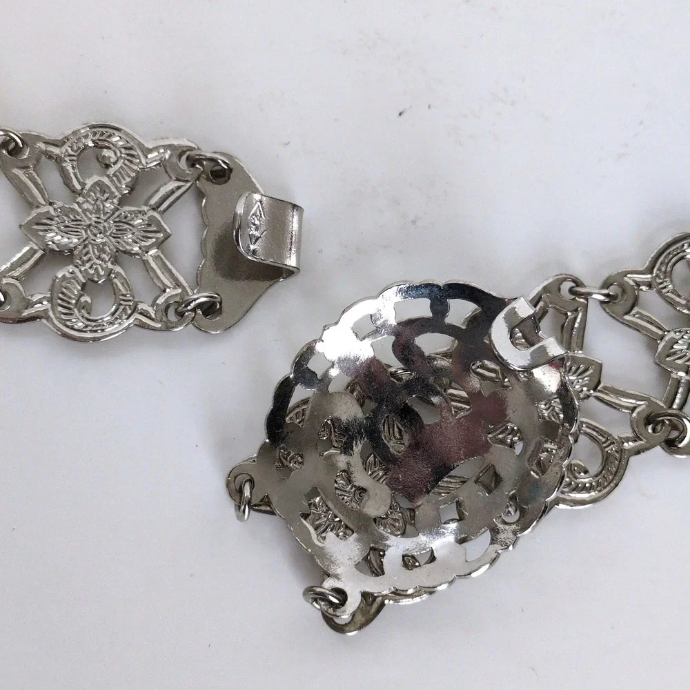 Vintage English Nurses Silver Plate? Chain‎ Belt Filigree Crown Floral Metal